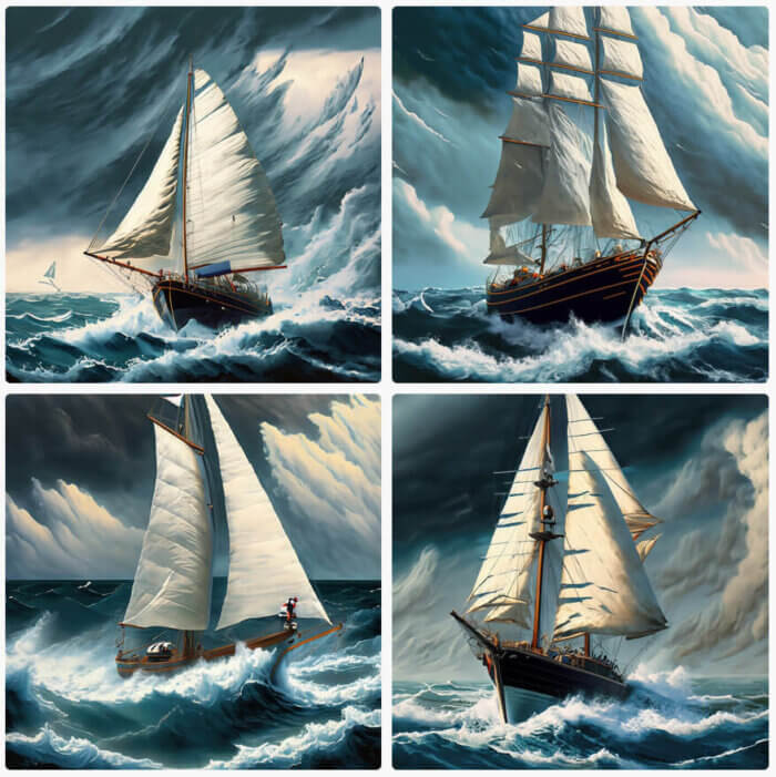 Adobe Firefly - A 30 foot sailing yacht on a rough ocean with stormy skies, baroquelike